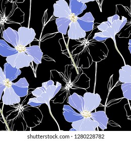 Vector Blue flax. Floral botanical flower. Wild spring leaf wildflower isolated. Engraved ink art. Seamless background pattern. Fabric wallpaper print texture.