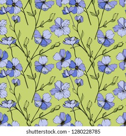 Vector Blue flax. Floral botanical flower. Wild spring leaf wildflower isolated. Engraved ink art. Seamless background pattern. Fabric wallpaper print texture.