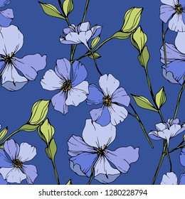 Vector Blue flax. Floral botanical flower. Wild spring leaf wildflower isolated. Engraved ink art. Seamless background pattern. Fabric wallpaper print texture.