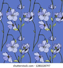 Vector Blue flax. Floral botanical flower. Wild spring leaf wildflower isolated. Engraved ink art. Seamless background pattern. Fabric wallpaper print texture.