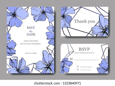 Vector Blue Flax floral botanical flower. Engraved ink art. Wedding background card floral decorative border. Thank you, rsvp, invitation elegant card illustration graphic set banner.