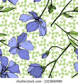 Vector Blue Flax floral botanical flower. Wild spring leaf wildflower isolated. Engraved ink art. Seamless background pattern. Fabric wallpaper print texture.