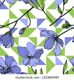 Vector Blue Flax floral botanical flower. Wild spring leaf wildflower isolated. Engraved ink art. Seamless background pattern. Fabric wallpaper print texture.