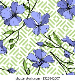 Vector Blue Flax floral botanical flower. Wild spring leaf wildflower isolated. Engraved ink art. Seamless background pattern. Fabric wallpaper print texture.