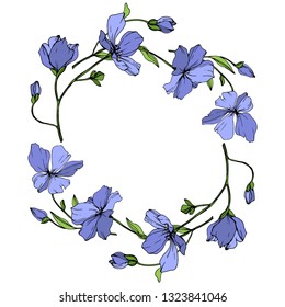 Vector Blue Flax floral botanical flower. Wild spring leaf wildflower isolated. Engraved ink art. Frame border ornament square.
