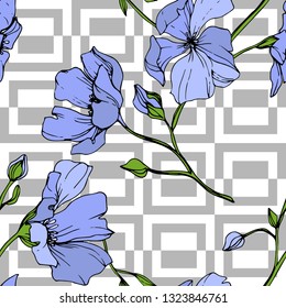 Vector Blue Flax floral botanical flower. Wild spring leaf wildflower isolated. Engraved ink art. Seamless background pattern. Fabric wallpaper print texture.