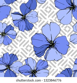Vector Blue Flax floral botanical flower. Wild spring leaf wildflower isolated. Engraved ink art. Seamless background pattern. Fabric wallpaper print texture.