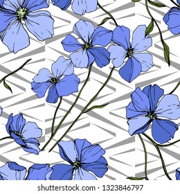 Vector Blue Flax floral botanical flower. Wild spring leaf wildflower isolated. Engraved ink art. Seamless background pattern. Fabric wallpaper print texture.