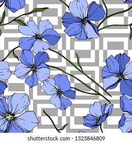 Vector Blue Flax floral botanical flower. Wild spring leaf wildflower isolated. Engraved ink art. Seamless background pattern. Fabric wallpaper print texture.