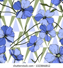 Vector Blue Flax floral botanical flower. Wild spring leaf wildflower isolated. Engraved ink art. Seamless background pattern. Fabric wallpaper print texture.