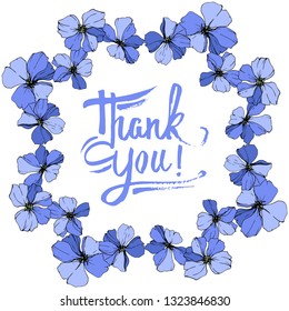 Vector Blue Flax floral botanical flower on white background. Wild spring leaf wildflower isolated. Engraved ink art. Frame border ornament square.