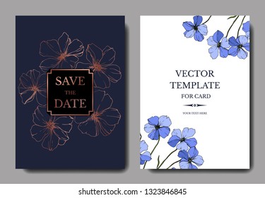 Vector Blue Flax floral botanical flower. Engraved ink art. Wedding background card floral decorative border. Thank you, rsvp, invitation elegant card illustration graphic set banner.