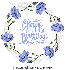 Vector Blue Flax floral botanical flower on white background. Wild spring leaf wildflower isolated. Engraved ink art. Frame border ornament square.