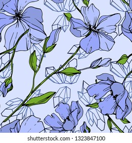 Vector Blue Flax floral botanical flower. Wild spring leaf wildflower isolated. Engraved ink art. Seamless background pattern. Fabric wallpaper print texture.