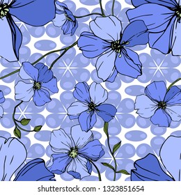 Vector Blue Flax floral botanical flower. Wild spring leaf wildflower isolated. Engraved ink art. Seamless background pattern. Fabric wallpaper print texture.