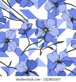 Vector Blue Flax floral botanical flower. Wild spring leaf wildflower isolated. Engraved ink art. Seamless background pattern. Fabric wallpaper print texture.