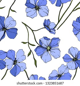 Vector Blue Flax floral botanical flower. Wild spring leaf wildflower isolated. Engraved ink art. Seamless background pattern. Fabric wallpaper print texture.