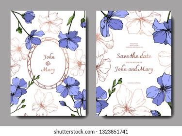 Vector Blue Flax floral botanical flower. Wild spring leaf wildflower isolated. Engraved ink art. Wedding background card floral decorative border. Elegant card illustration graphic set banner.