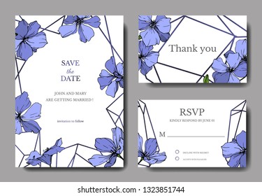 Vector Blue Flax floral botanical flower. Wild spring leaf wildflower isolated. Engraved ink art. Wedding background card floral decorative border. Elegant card illustration graphic set banner.