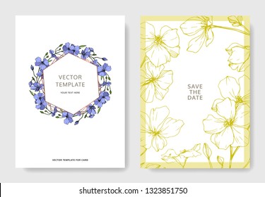 Vector Blue Flax floral botanical flower. Wild spring leaf wildflower isolated. Engraved ink art. Wedding background card floral decorative border. Elegant card illustration graphic set banner.