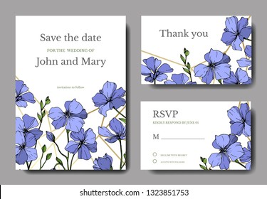 Vector Blue Flax floral botanical flower. Wild spring leaf wildflower isolated. Engraved ink art. Wedding background card floral decorative border. Elegant card illustration graphic set banner.