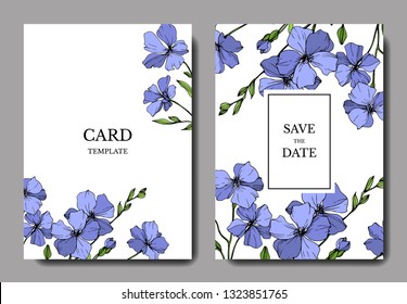 Vector Blue Flax floral botanical flower. Wild spring leaf wildflower isolated. Engraved ink art. Wedding background card floral decorative border. Elegant card illustration graphic set banner.