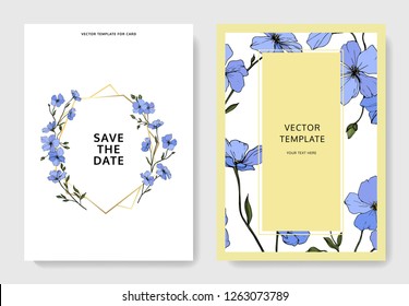 Vector. Blue flax flower. Engraved ink art. Wedding white background card floral decorative border. Thank you, rsvp, invitation elegant card illustration graphic set banner.