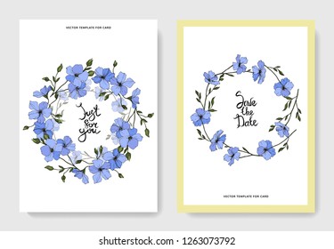Vector. Blue flax flower. Engraved ink art. Wedding white background card floral decorative border. Thank you, rsvp, invitation elegant card illustration graphic set banner.