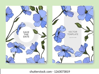 Vector. Blue flax flower. Engraved ink art. Wedding white background card floral decorative border. Thank you, rsvp, invitation elegant card illustration graphic set banner.