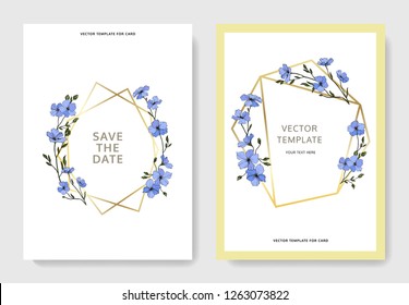 Vector. Blue flax flower. Engraved ink art. Wedding white background card floral decorative border. Thank you, rsvp, invitation elegant card illustration graphic set banner.