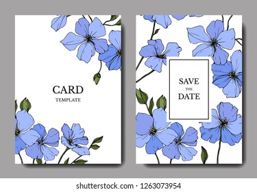 Vector. Blue flax flower. Engraved ink art. Wedding white background card floral decorative border. Thank you, rsvp, invitation elegant card illustration graphic set banner.
