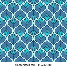 Vector blue floral abstract seamless pattern. Geometric classical background with leaves. Retro stylish texture.