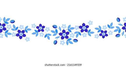 Vector blue floral border. Seamless royal in rustic style. Blue cutout florals on white background. Surface pattern design.