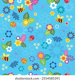 Vector blue floral butterfly bees and beetle seamless pattern background. Use for fabric, wallpaper, design and scrapbooking projects.