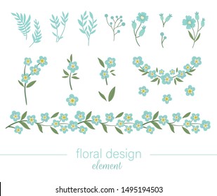 Vector blue floral clip art set. Flat trendy illustration with flowers, leaves, branches. Meadow, woodland, forest garden elements isolated on white background. Hand drawn forget-me-not