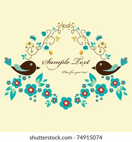 Vector blue floral frame with birds