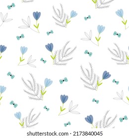 Vector blue floral garden with shrubs and butterflies. Cute seamless repeat pattern background. Elegant hand drawn illustration. Great for wallpapers, flooring, textile, fabrics and all other uses