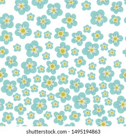 Vector blue floral seamless texture on white background. Hand drawn flat simple trendy illustration with flowers and leaves. Repeating pattern with meadow, garden, forest plants.