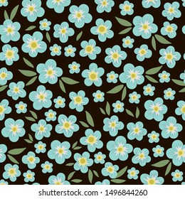 Vector blue floral seamless texture on black background. Hand drawn flat simple trendy illustration with flowers and leaves. Repeating pattern with meadow, garden, forest plants