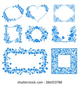 Vector blue flower frame set isolated on White background. Vector illustration