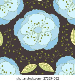 Vector blue flower on dark background. Floral seamless pattern.