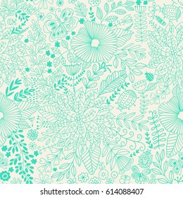 Vector blue flower pattern. Seamless botanic texture, detailed flowers illustrations.  Floral pattern in doodle style, spring floral background.