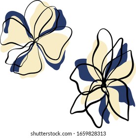 Blumen aus der Vektorillustration mit schwarzen Blättern auf weißem, isoliertem Hintergrund. Im Stil Cartoon.  Verwendung als Postkarte, in Grafik-Design, Produktverpackung, Branding, Hochzeitseinladung, Stoffgewebe. 