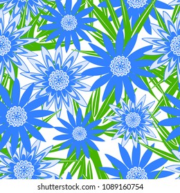 Vector Blue Flowers with Green Leaves on a White Background. Seamless Flower Pattern. Creative Stylization. Vector Gerbera, Camomile or Daisy. Seamless Flowers for Beautiful Design of Cloth, Print.