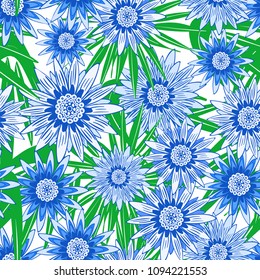 Vector Blue Flowers with Green Leaves on a White Background. Seamless Flower Pattern. Creative Stylization. Vector Gerbera, Camomile or Daisy. Seamless Flowers for Beautiful Design of Cloth, Print.