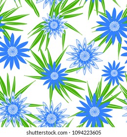 Vector Blue Flowers with Green Leaves on a White Background. Seamless Flower Pattern. Creative Stylization. Vector Gerbera, Camomile or Daisy. Seamless Flowers for Beautiful Design of Cloth, Print.
