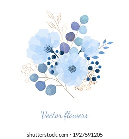 Vector blue flowers with blue leaves eucalyptus and gold plants.