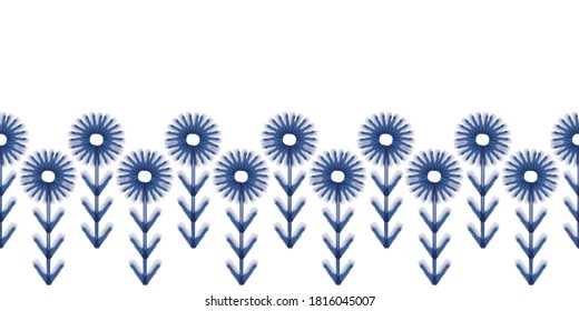 Vector blue flowers leaves folk seamless pattern border