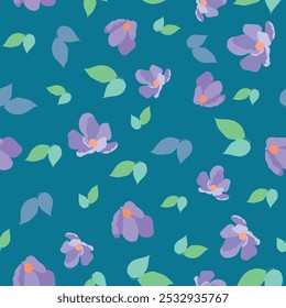 Vetor azul flores e folhas liso padrão. Repetir o padrão para o desenho têxtil