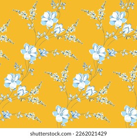 patrón de flores azules vectoriales y estampado floral sobre fondo amarillo